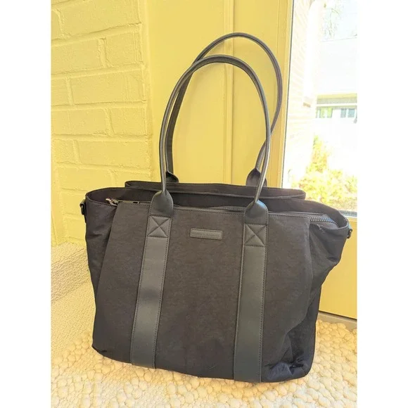 Poppy & Peonies Daily Tote Bag Black Nylon Laptop Sleeve Travel Work Bag - Picture 2 of 11